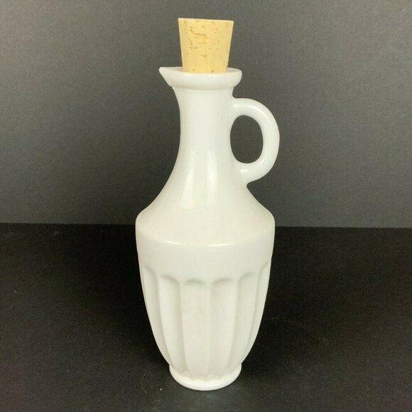 Vintage Milk Glass Pitcher Cork Stopper Fluted Design White Syrup/Oil Dispenser - Picture 1 of 6